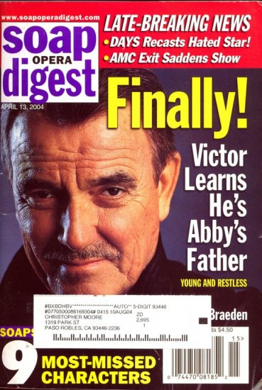 Soap Opera Digest Magazine 4 13 2004 Eric Braeden Y&R Abby's Dad