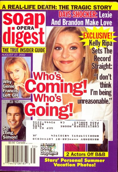 Soap Opera Digest 8 27 2002 Kelly Ripa Genie Frances Magazine