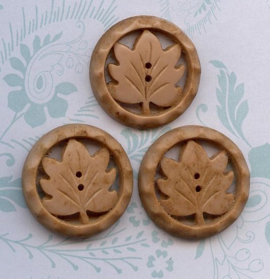 Vintage Three Wood like Plastic Leaf Leaves Button Buttons