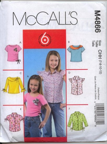 McCall's M4866 girl's Pattern Size CHH 7-8-10-12 girls top