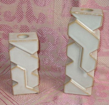 ?FRANKOMA? Two MOD creamy white & sand glaze ceramic candle holders