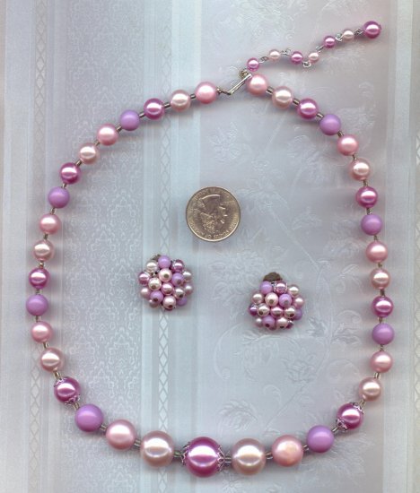 Vintage Lavender Bead Necklace Earring Set signed Japan