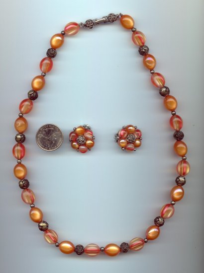 Vintage Orange Roses Bead Necklace Clip Earrings SET