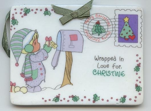 1992 Samuel J Butcher Enesco Christmas Porcelain Ornament Tag Christine