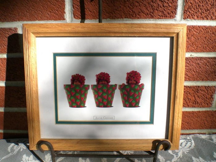 Beautiful Anne Geddes Strawberry Flower Pots Babies Red Green colors Frame with glass