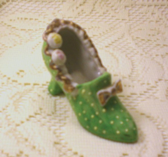 Vintage Tiny Green Shoe with polka dots made in Japan