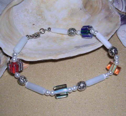 Cane Glass bead, glass pearl and sliver-tone bead bracelet or anklet