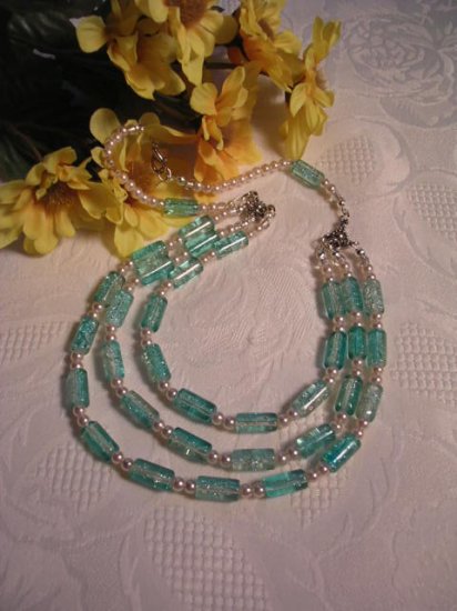 Turquoise Fashion Glass Bead and Pearl Necklace, Beige Glass Pearls