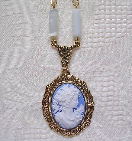Blue Cameo and White Glass Bead Pendant Necklace Victorian Style