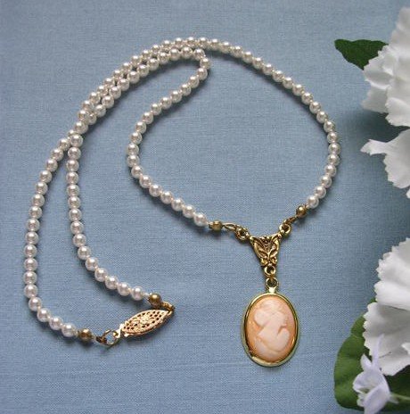 Shell Cameo and Pearl Necklace, White Swarovski Pearls