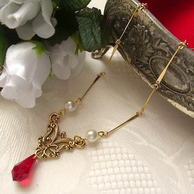 Red Crystal and Pearl Necklace