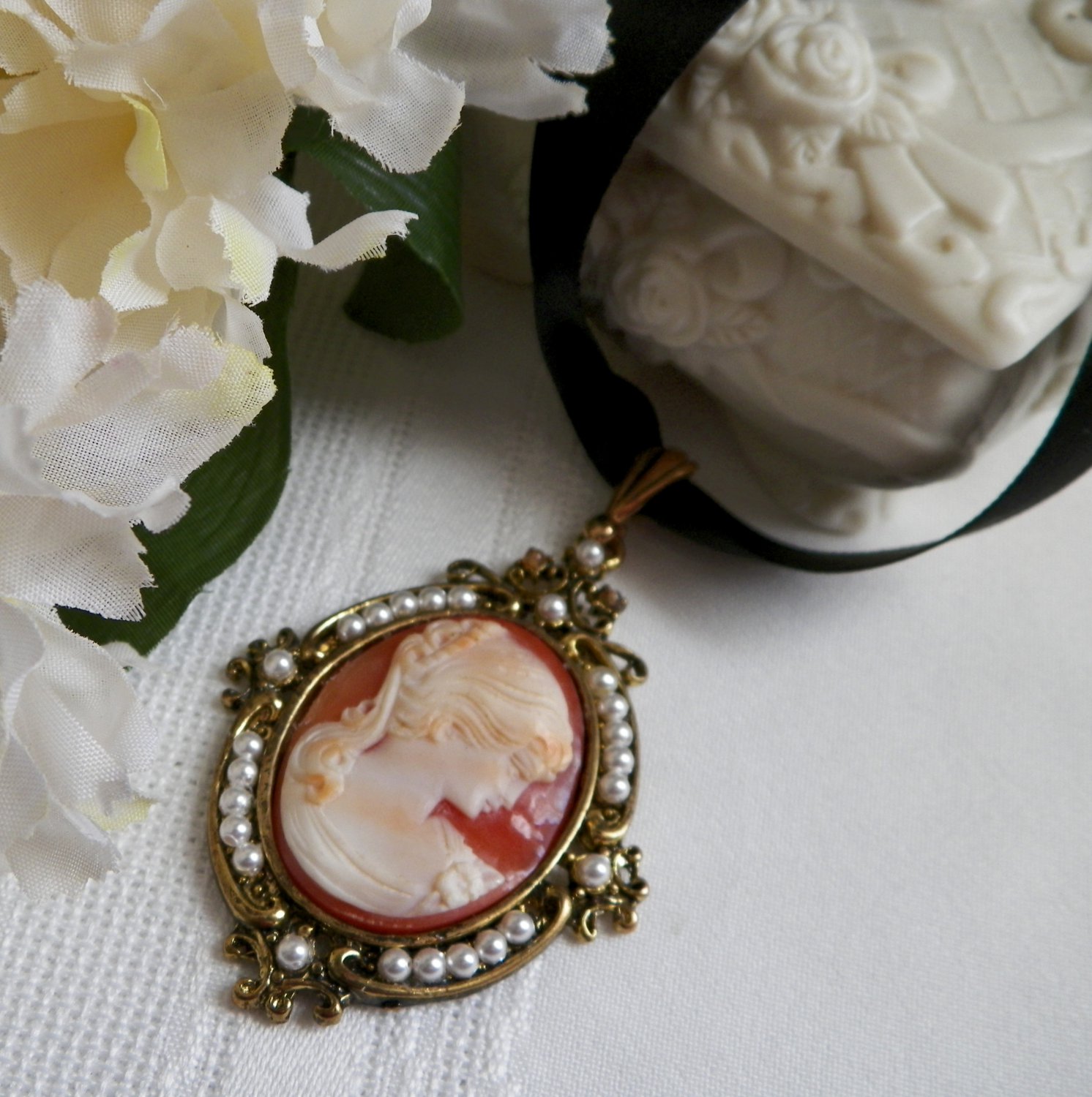 Shell Cameo Pendant Black Satin Ribbon Necklace