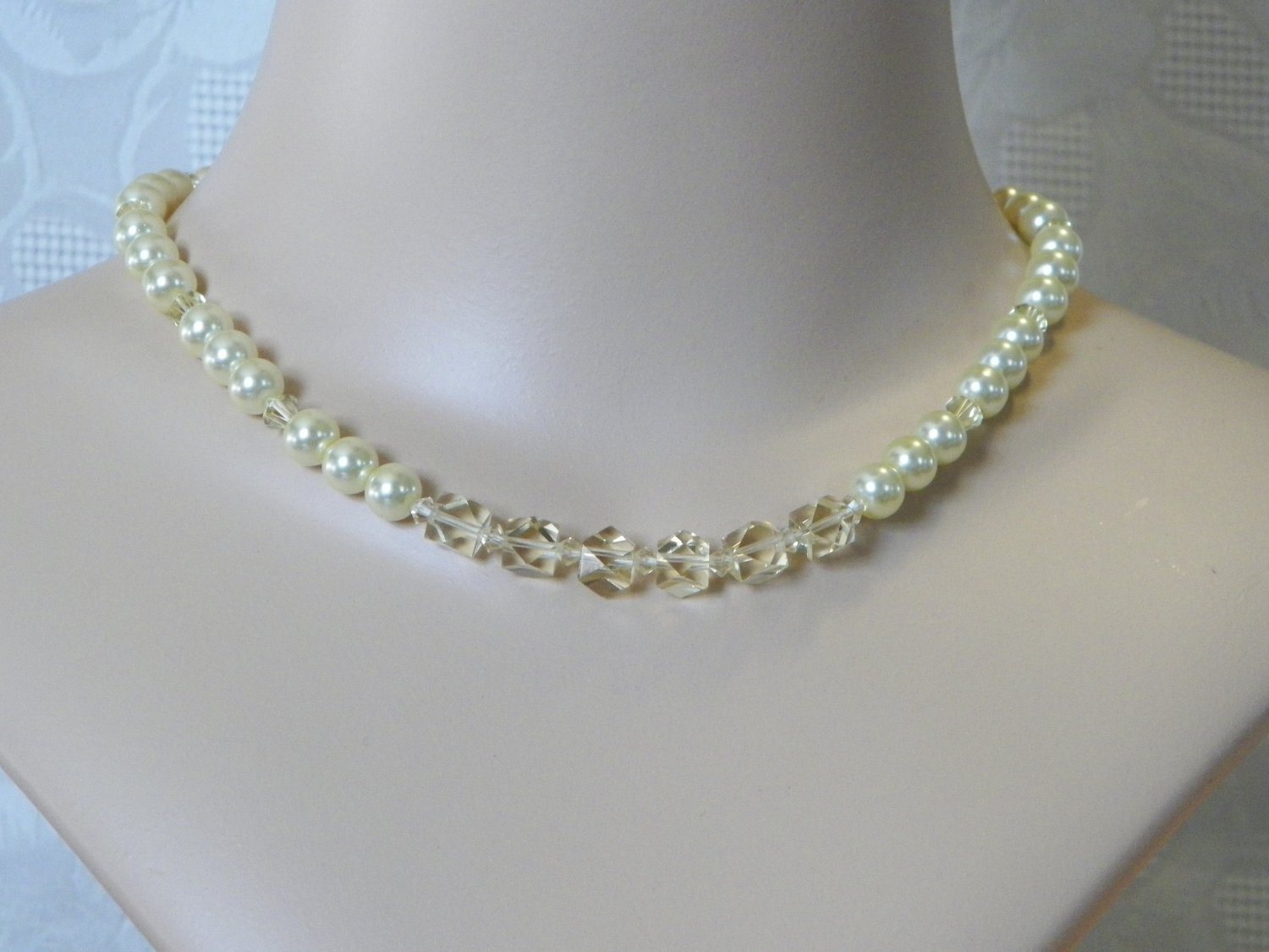 Yellow Pearl and Crystal Necklace, Single Strand Yellow Glass Pearls
