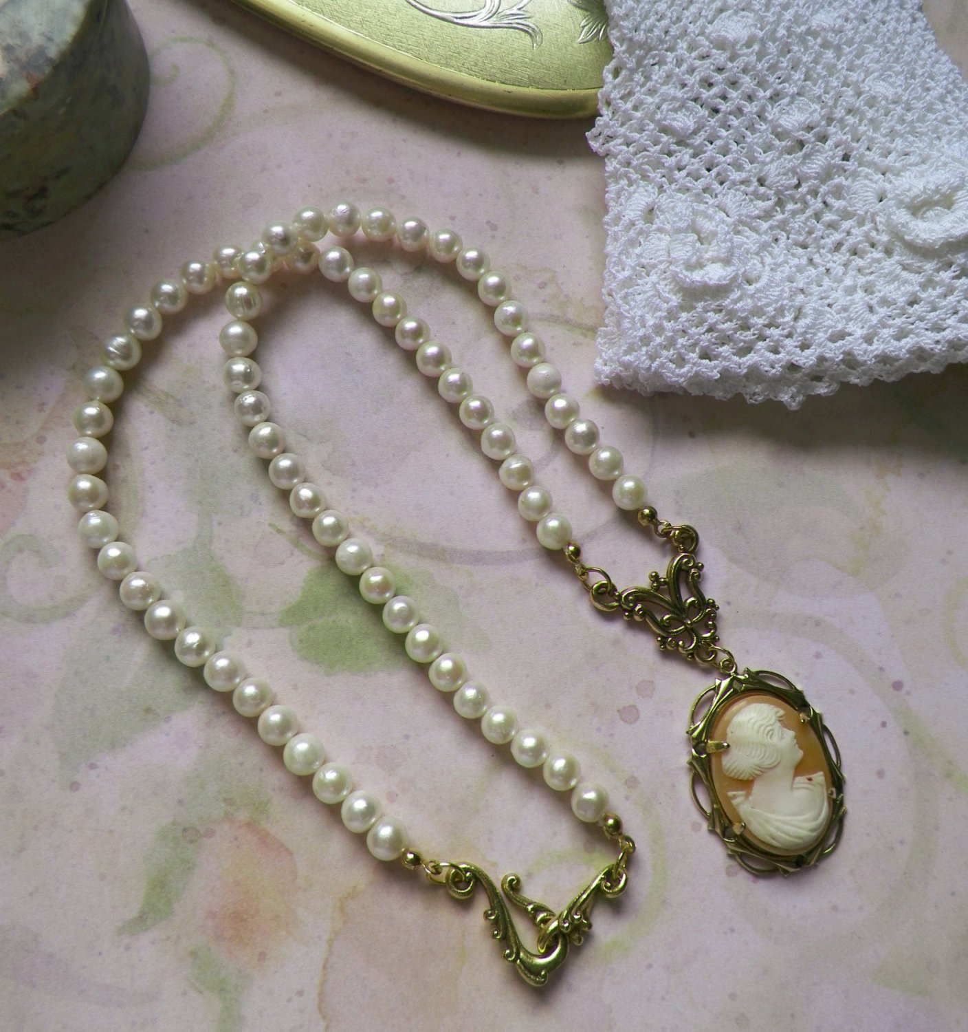 Genuine Pearl and Shell Cameo Necklace
