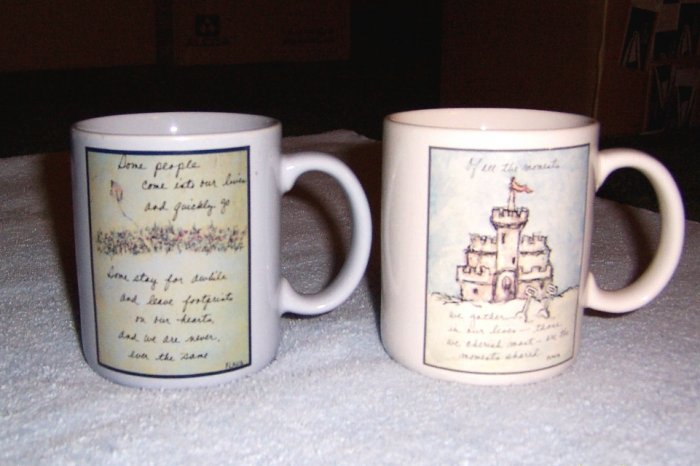 FLAVIA WEEDN 2ea Coffee Cups Hot Chocolate Mugs - Sand Castle , Field of Flowers & Kite