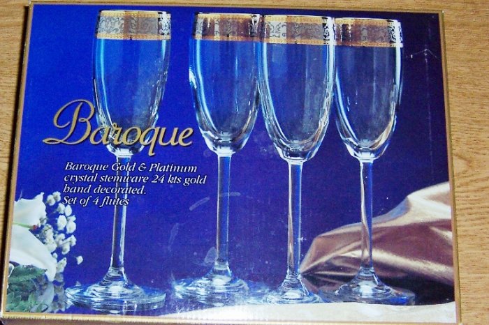 Set of 4 Champagne FLUTES-Baroque Gold & Platinum Crystal Stemware 24 Kts Gold Hand Decorated w/ box