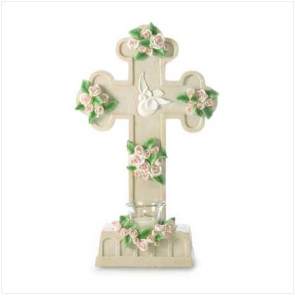 Rose-Laden Cross Candleholder - 36506