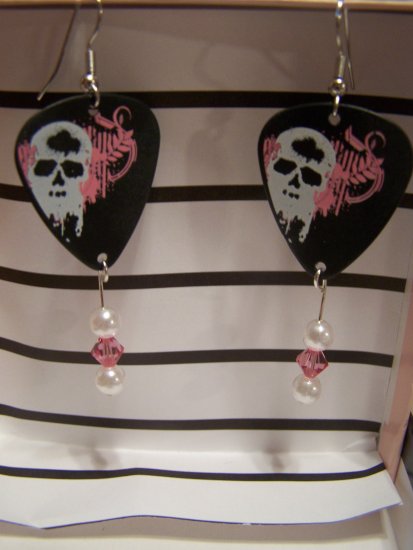 Pink and white Skulls 1 GUITAR PICK EARRINGS!