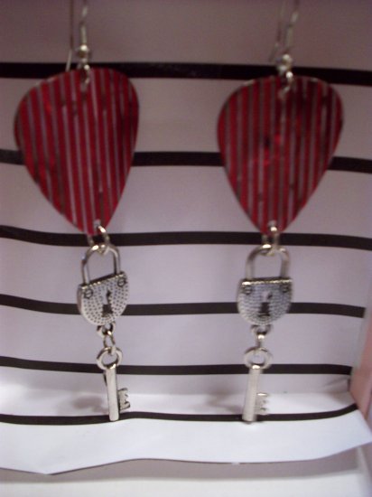 Red striped lock and key picks GUITAR PICK EARRINGS!