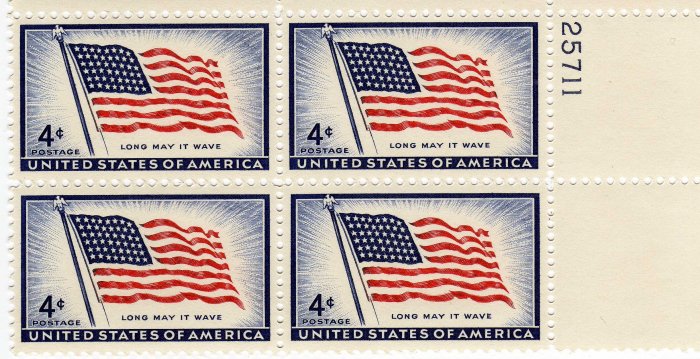 4 CENT OLD GLORY 48 STAR PLATE BLOCK--US STAMPS