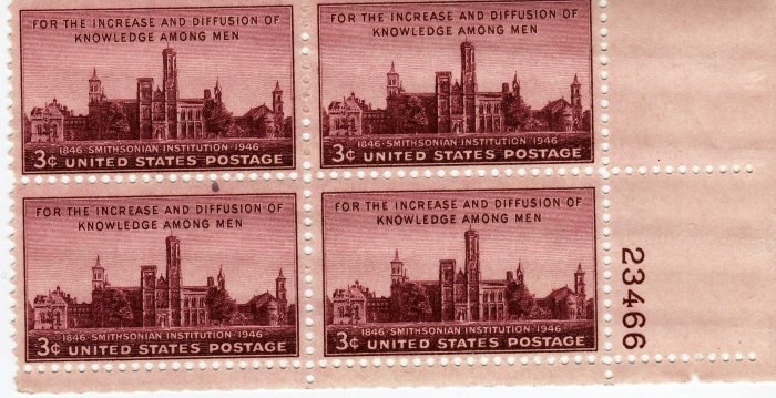 SCOTT # 943 PLATE BLOCK. US STAMPS-SMITHSONIAN INSTITUTION.