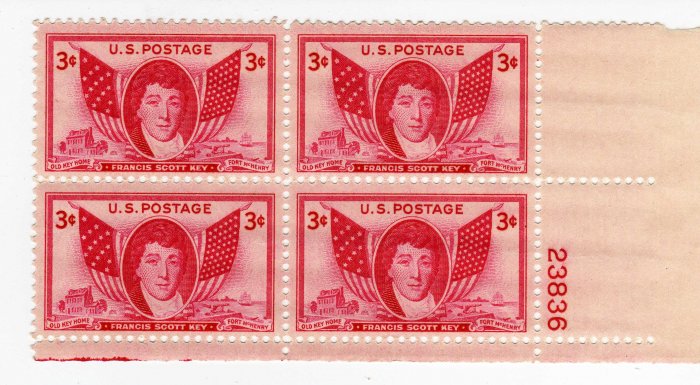 USA PLATE BLOCK SCOTTS #962-FRANCIS SCOTT KEY-U S STAMPS