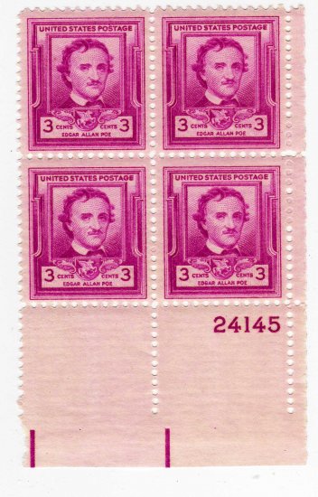 PLATE BLOCK SCOTTS #986-EDGAR ALLEN POE-U S STAMPS