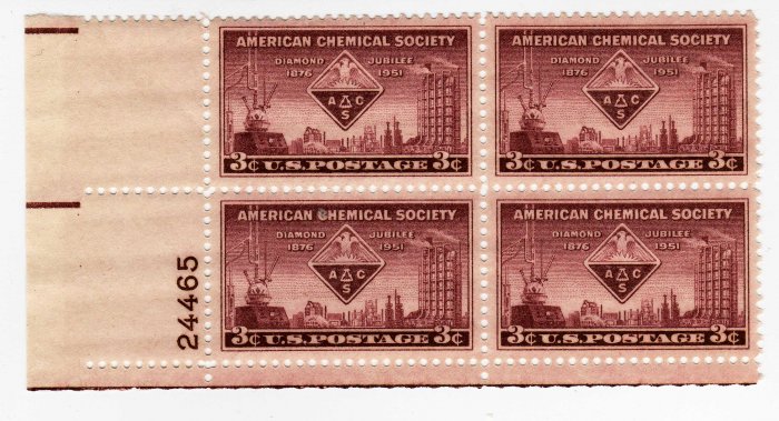 SCOTTS #1002 PLATE BLOCK-AMERICAN CHEMICAL SOCIETY-US STAMPS