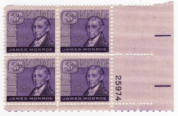 SCOTT # 1105 PLATE BLOCK-PRESIDENT JAMES MONROE-U S STAMPS