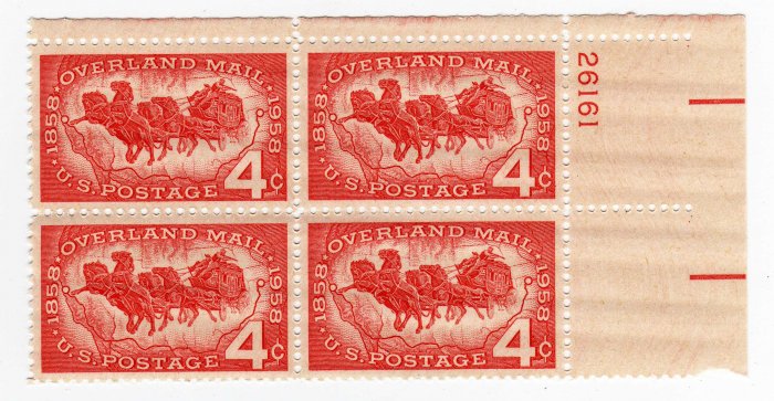 SCOTT #1120- OVERLAND MAIL-PLATE BLOCK-U S STAMPS