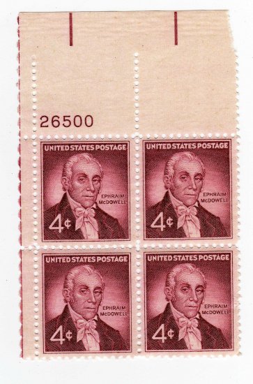 USA SCOTT# 1138-EPHRAIM MCDOWELL-PLATE BLOCK-U S STAMPS