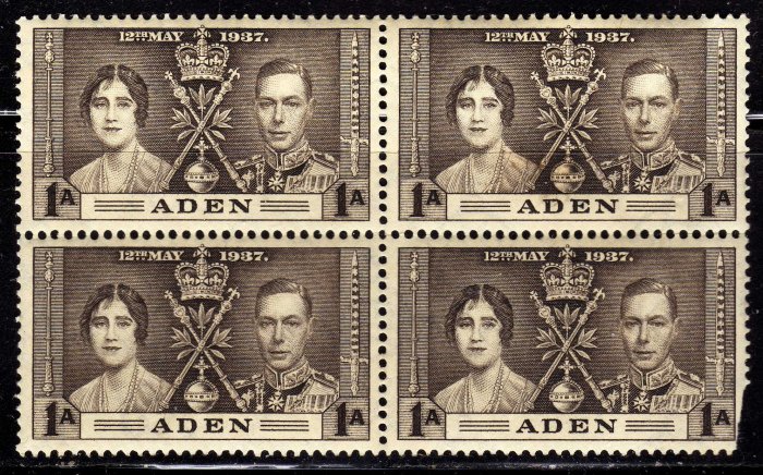SCOTT# 13,-ADEN-BLOCK OF 4, KING GEORGE Vl CORONATION SET