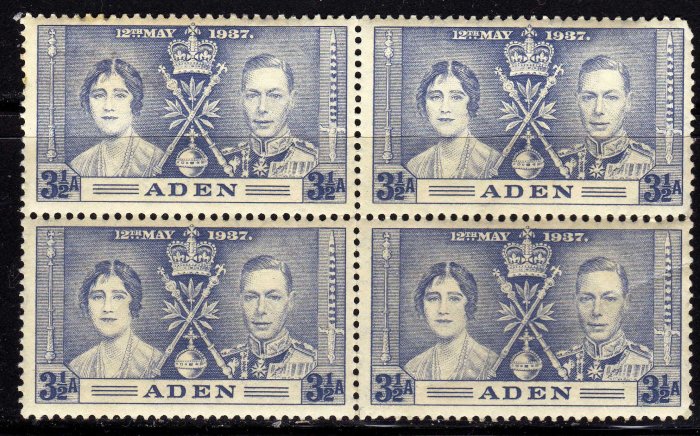 SCOTT# 15,-ADEN-BLOCK OF 4, KING GEORGE Vl CORONATION SET