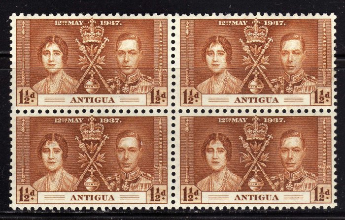 SCOTT# 82 ANTIGUA-BLOCK OF FOUR-1937 CORONATION ISSUE