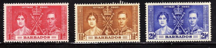 SCOTT# 190, 191, 192, BARBADOS KING GEORGE CORONATION STAMPS