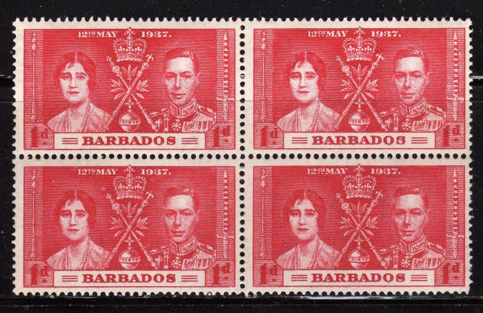 SCOTT# 190,BLOCK OF FOUR, BARBADOS KING GEORGE CORONATION STAMPS