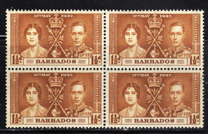 SCOTT# 191, BLOCK OF FOUR, BARBADOS KING GEORGE CORONATION STAMPS