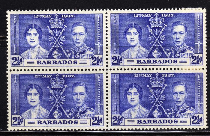 SCOTT# 192, BLOCK OF FOUR, BARBADOS KING GEORGE CORONATION STAMPS