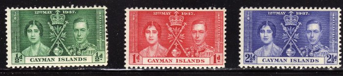 SC0TT# 97, 98, 99 CAYMAN ISLANDS STAMPS KING GEORGE Vl CORONATION ISSUE