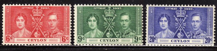 SC0TT# 275 276 277 CEYLON STAMPS KING GEORGE Vl CORONATION ISSUE