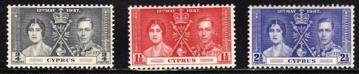 SC0TT# 140, 141, 142 CYPRUS STAMPS KING GEORGE Vl CORONATION ISSUE