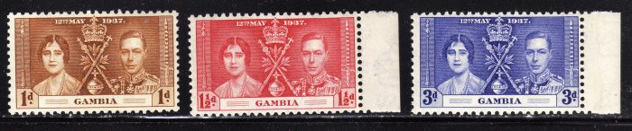 SC0TT# 129, 130, 131,- GAMBIA STAMPS KING GEORGE Vl CORONATION ISSUE