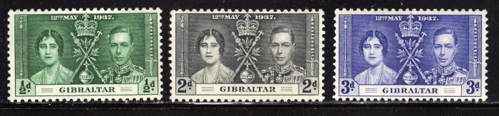 SC0TT# 104, 105, 106,- GIBRALTAR STAMPS KING GEORGE Vl CORONATION ISSUE