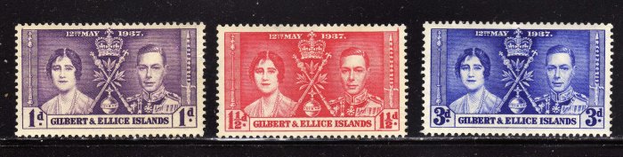 SC0TT# 37, 38, 39- GILBERT AND ELLICE ISLAND STAMPS KING GEORGE Vl CORONATION ISSUE