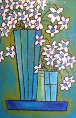 White Flowers in Blue Vases