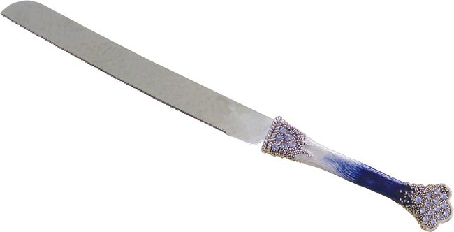 Ornate Blue Challah Knife with Swarovski crystals