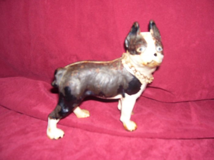 Vintage Cast Iron Boston Terrier Figure DoorStop with Chain