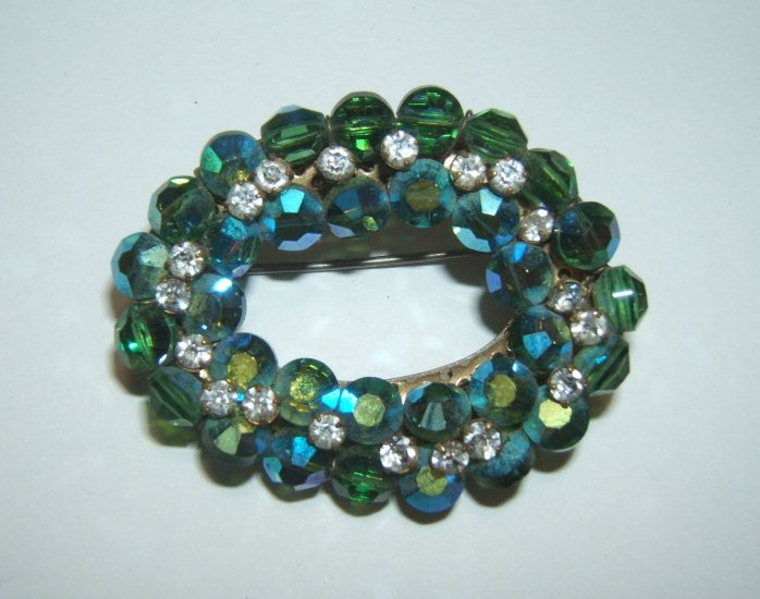 Vintage Green Glass & Aurora Borealis Pin Brooch