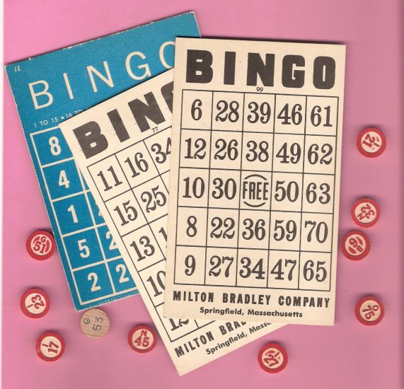 Lot vintage Bingo cards and wooden place markers for crafting