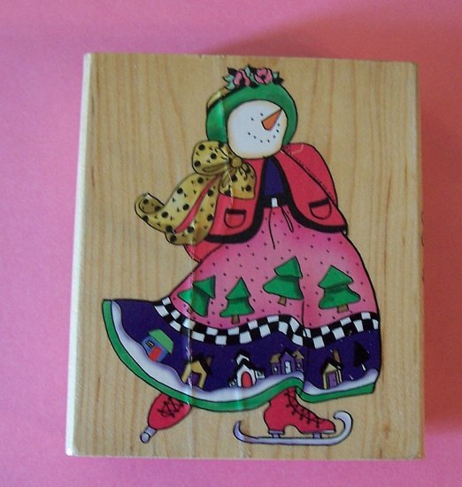 Inkadinkadoo Skating snowman mounted rubber stamp